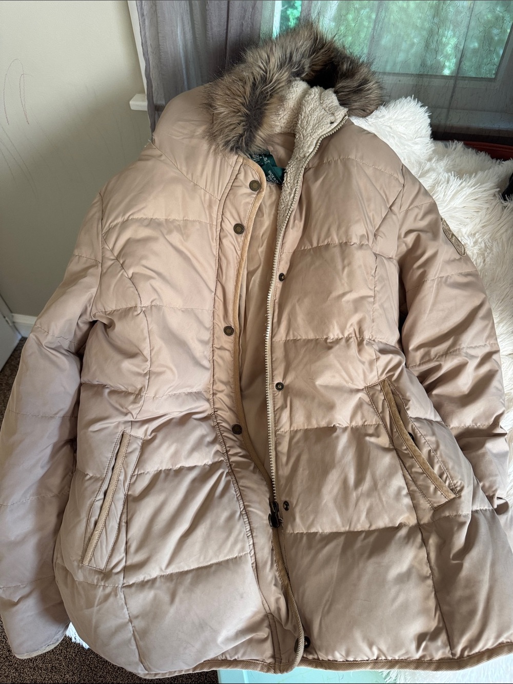 Ralph Lauren Beige Quilted Puffer Coat with Faux Fur Trim